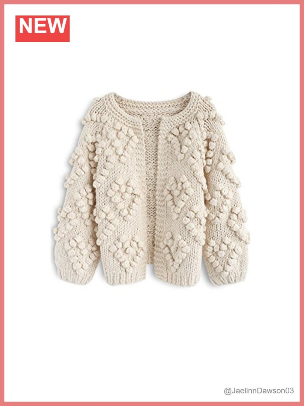 Hand Knit Heart Ball Open Front Cardigan Loose Fit Long Sleeve